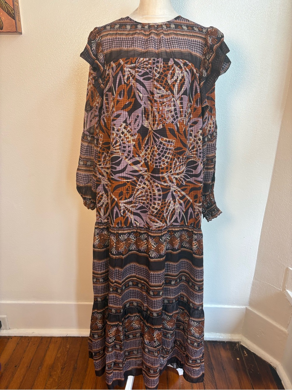 Marie Oliver Black, Rust & Lavender Printed Tiered Maxi Dress